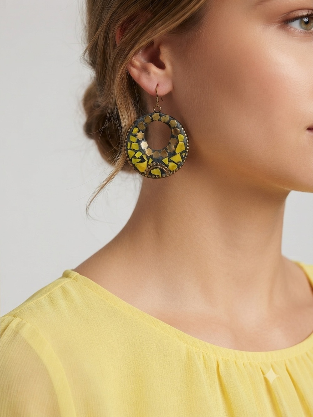 Boho Mosaic Round Earrings | Yellow Inlay Brass Star Dangles